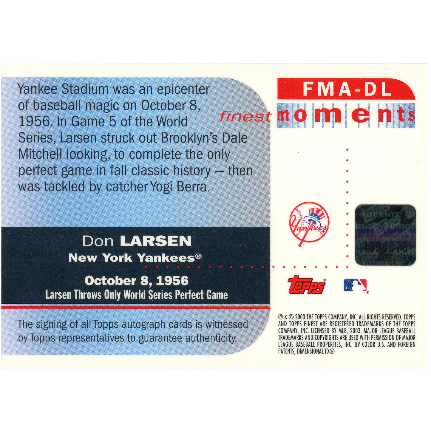 2003 Topps Finest Don Larsen Autograph