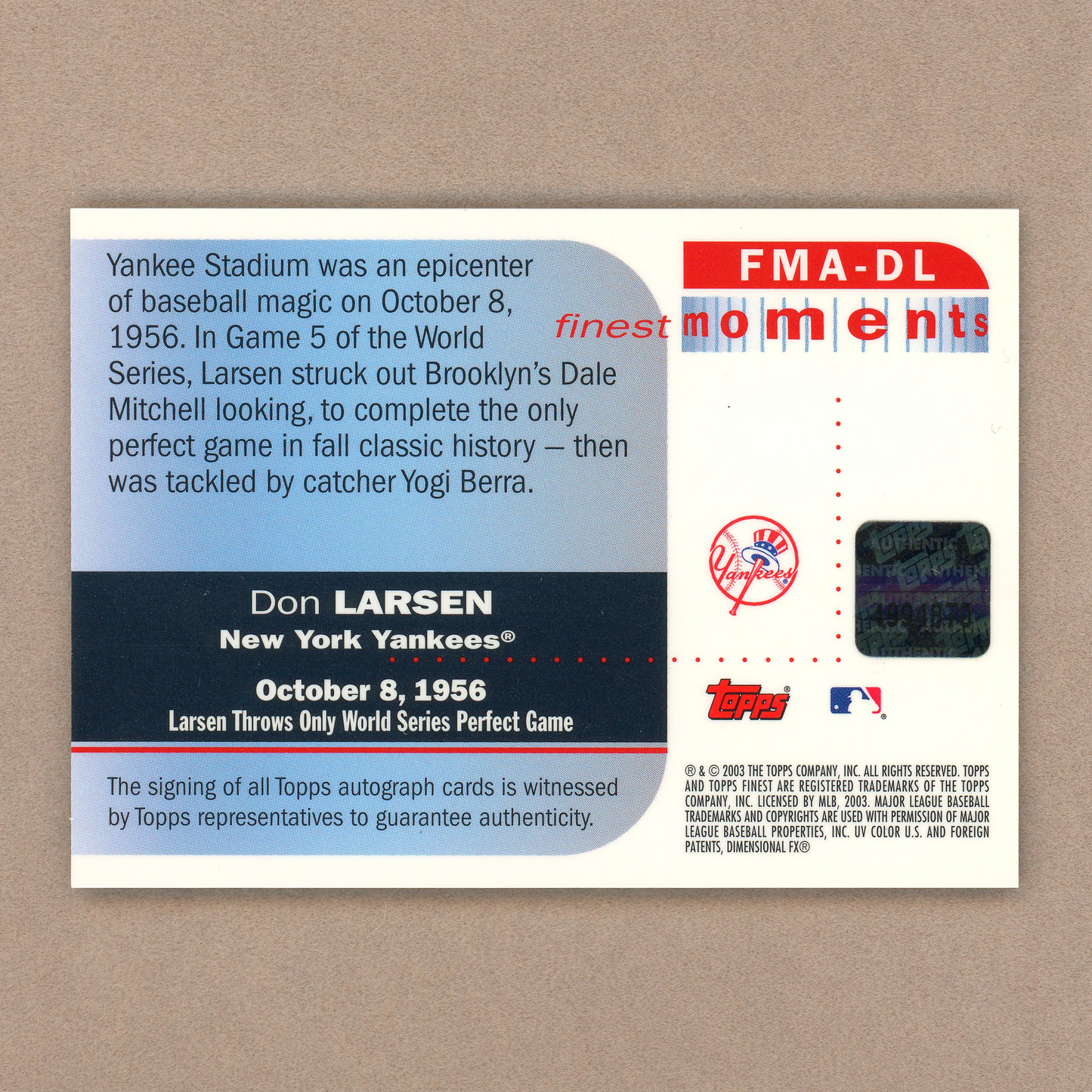 2003 Topps Finest Don Larsen Autograph