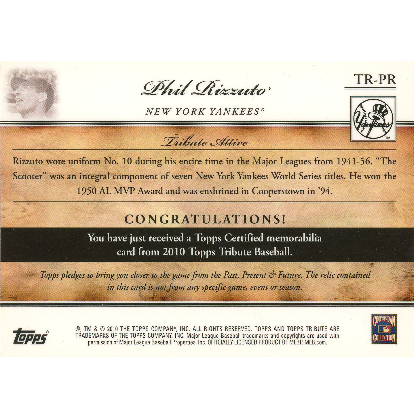 2010 Topps Tribute Phil Rizzuto Relic