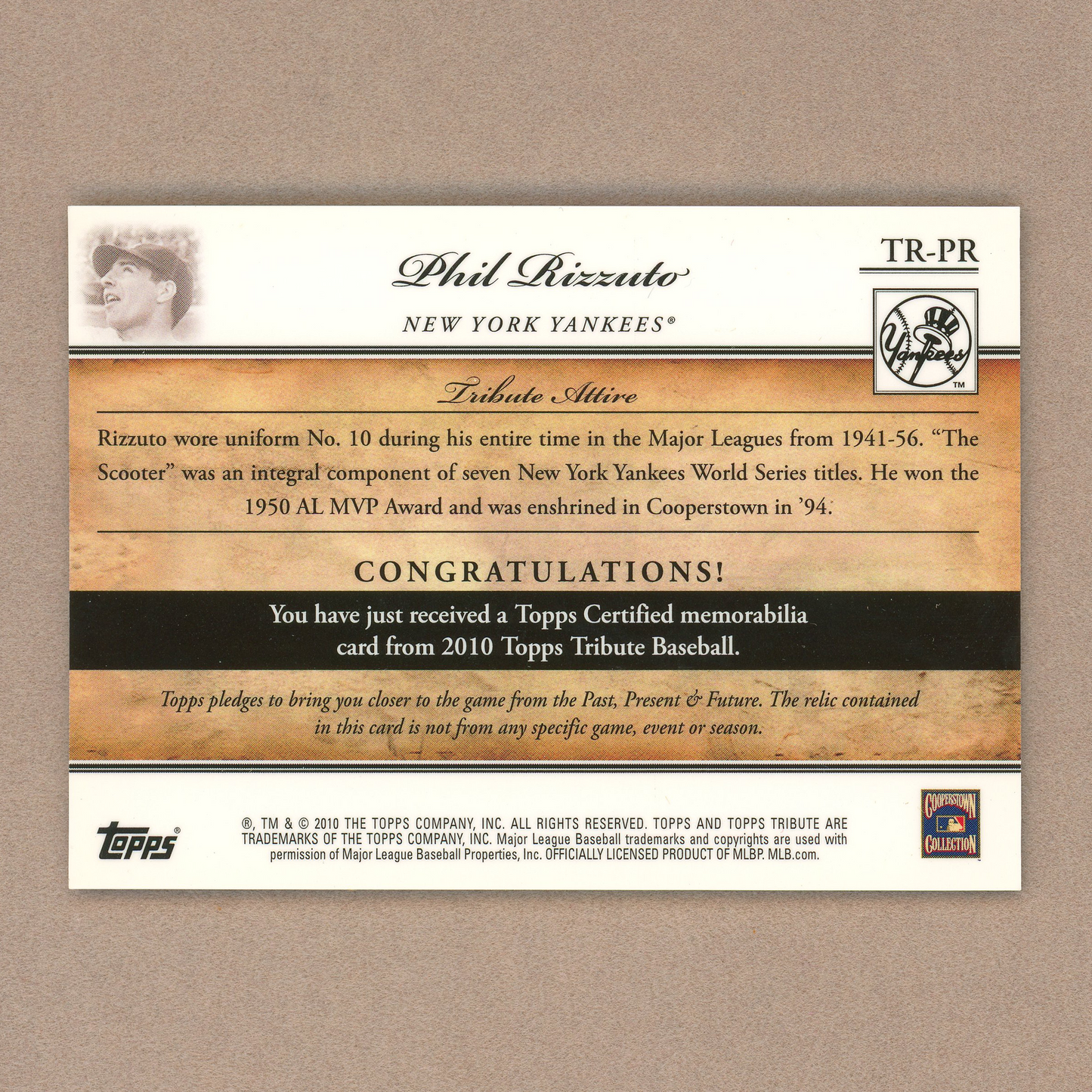 2010 Topps Tribute Phil Rizzuto Relic
