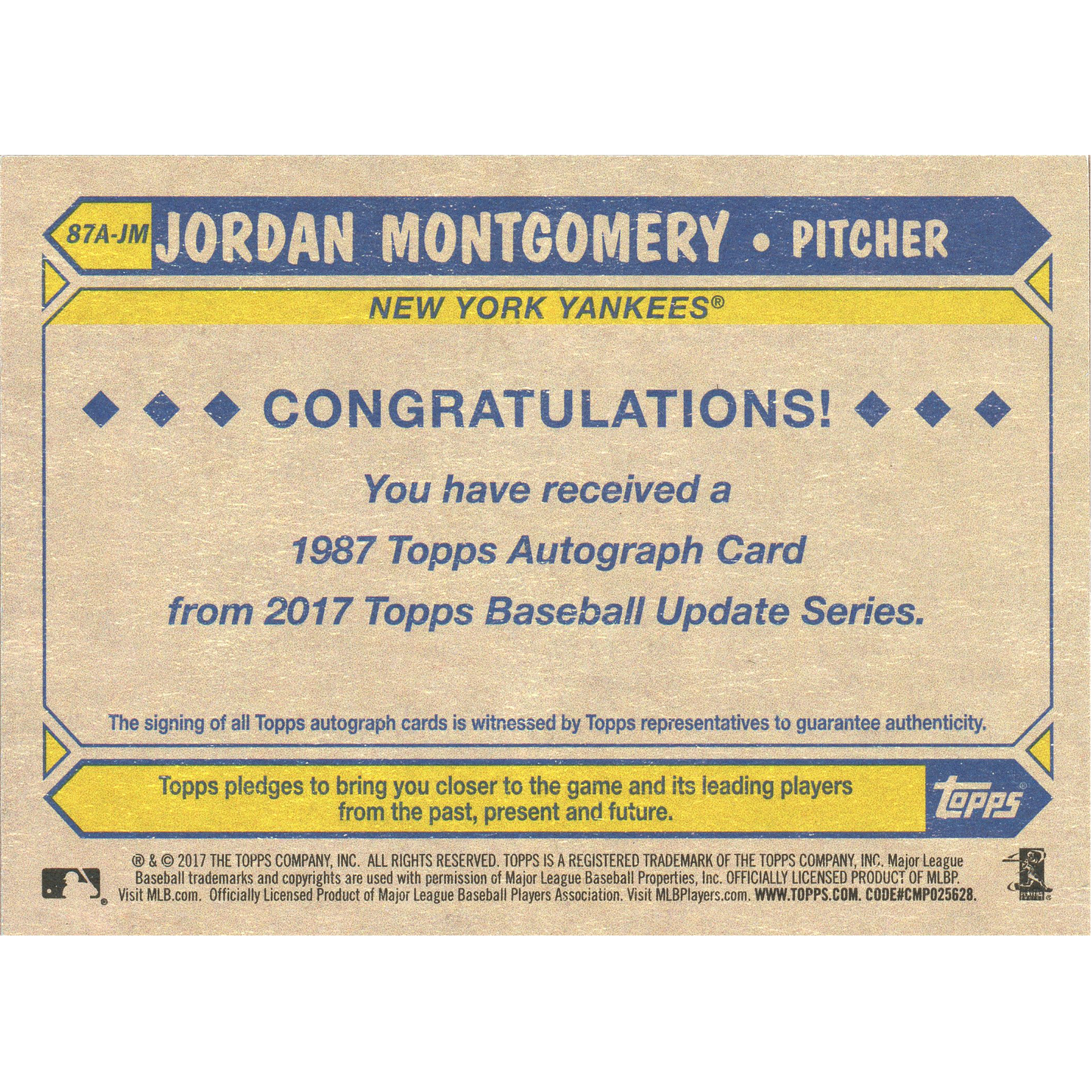 2017 Topps Update Series Jordan Montgomery Autograph RC