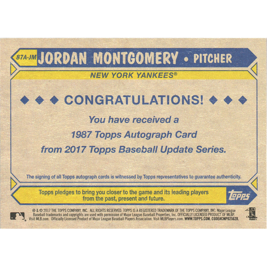 2017 Topps Update Series Jordan Montgomery Autograph RC