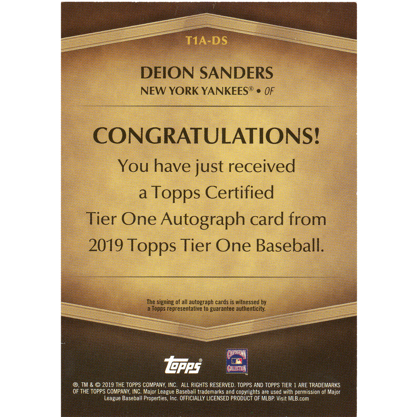 2019 Topps Tier One Deion Sanders Autograph (Silver Ink)