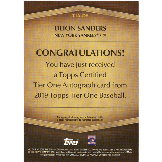 2019 Topps Tier One Deion Sanders Autograph (Silver Ink)