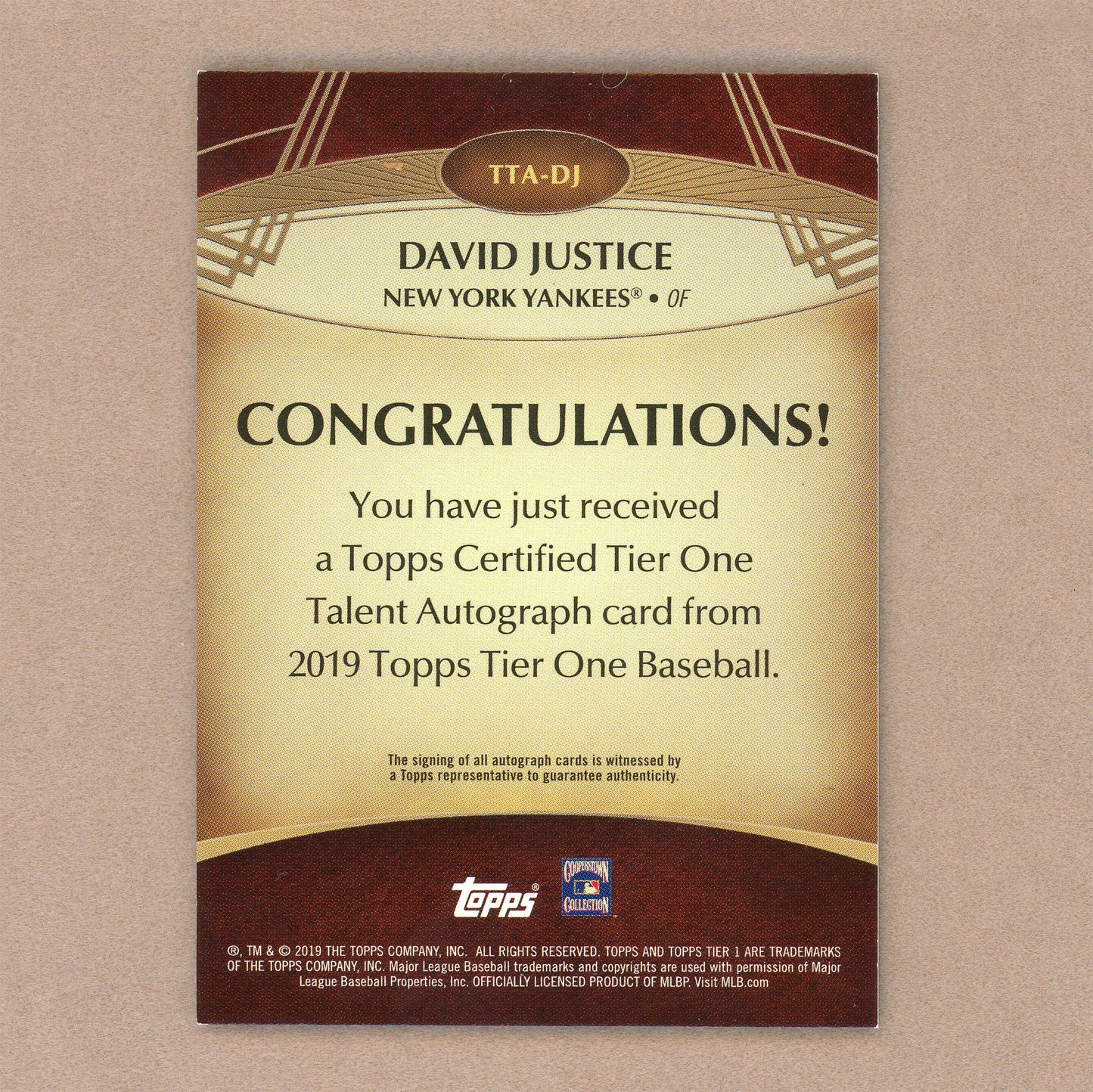 2019 Topps Tier One David Justice Autograph