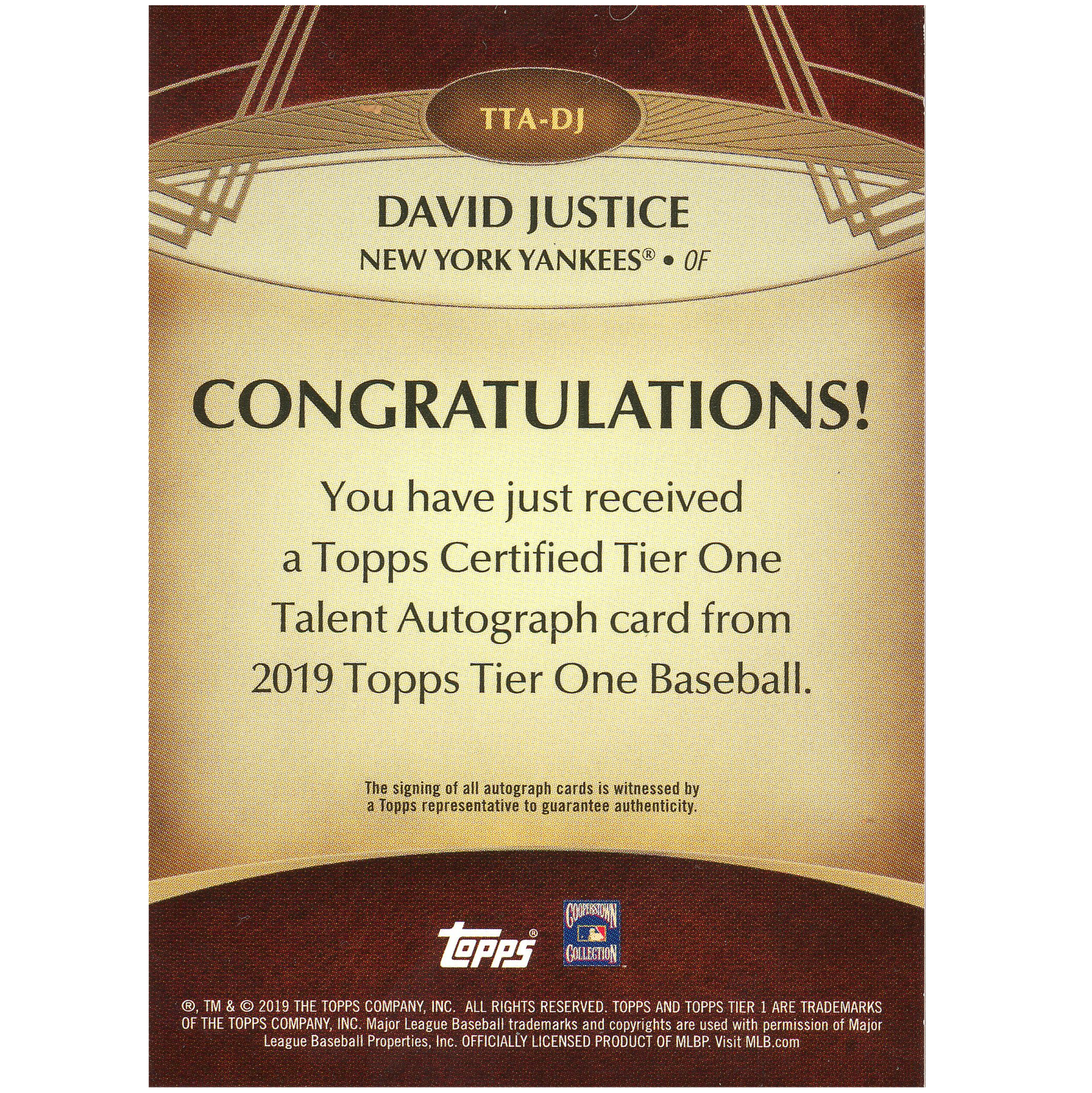 2019 Topps Tier One David Justice Autograph