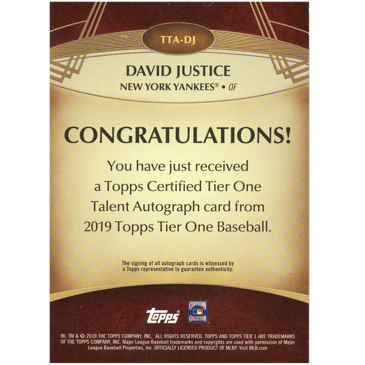 2019 Topps Tier One David Justice Autograph
