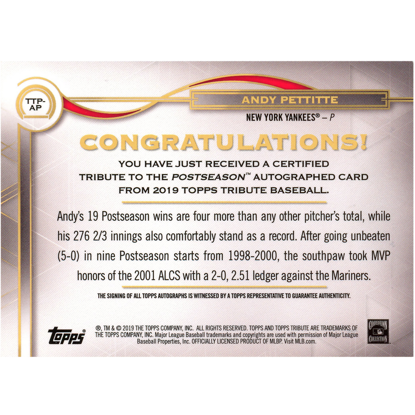 2019 Topps Tribute Andy Pettitte Autograph