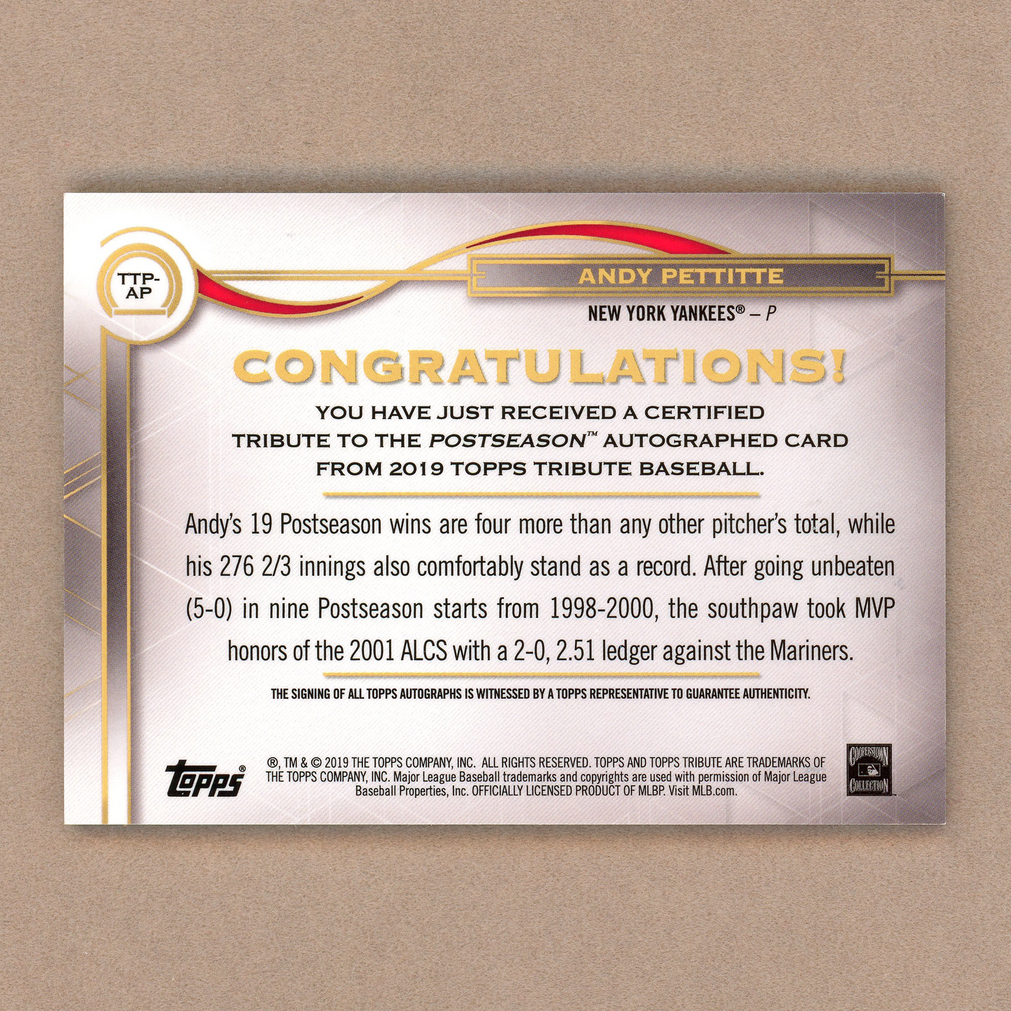 2019 Topps Tribute Andy Pettitte Autograph