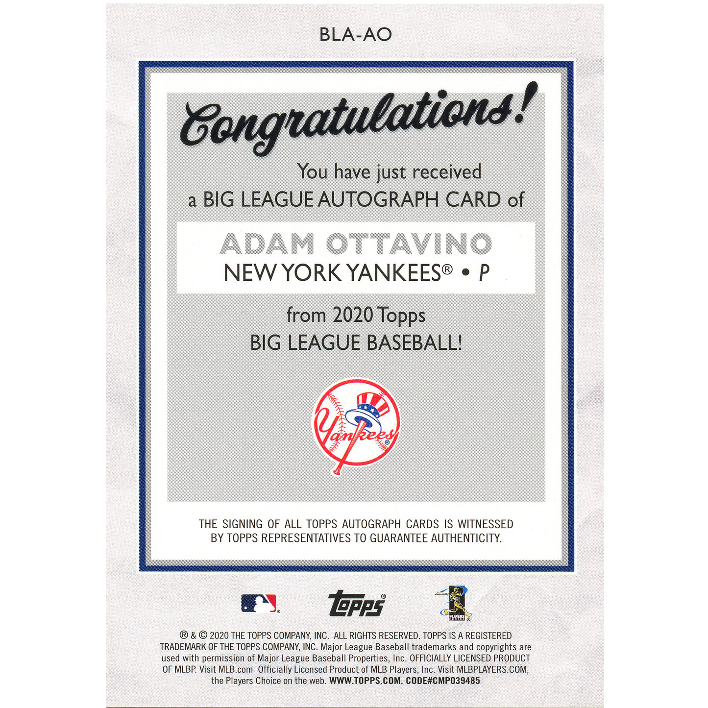 2020 Topps Big League Adam Ottavino Autograph