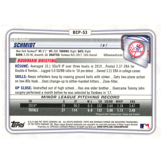 2020 Bowman Chrome Sapphire Clarke Schmidt