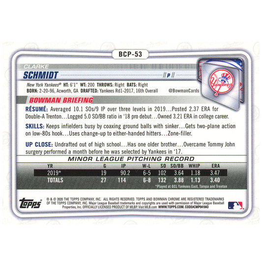 2020 Bowman Chrome Sapphire Clarke Schmidt (Padparadscha)