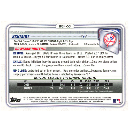 2020 Bowman Chrome Sapphire Clarke Schmidt (Purple)