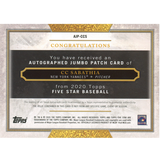 2020 Topps Five Star C.C Sabathia Autograph