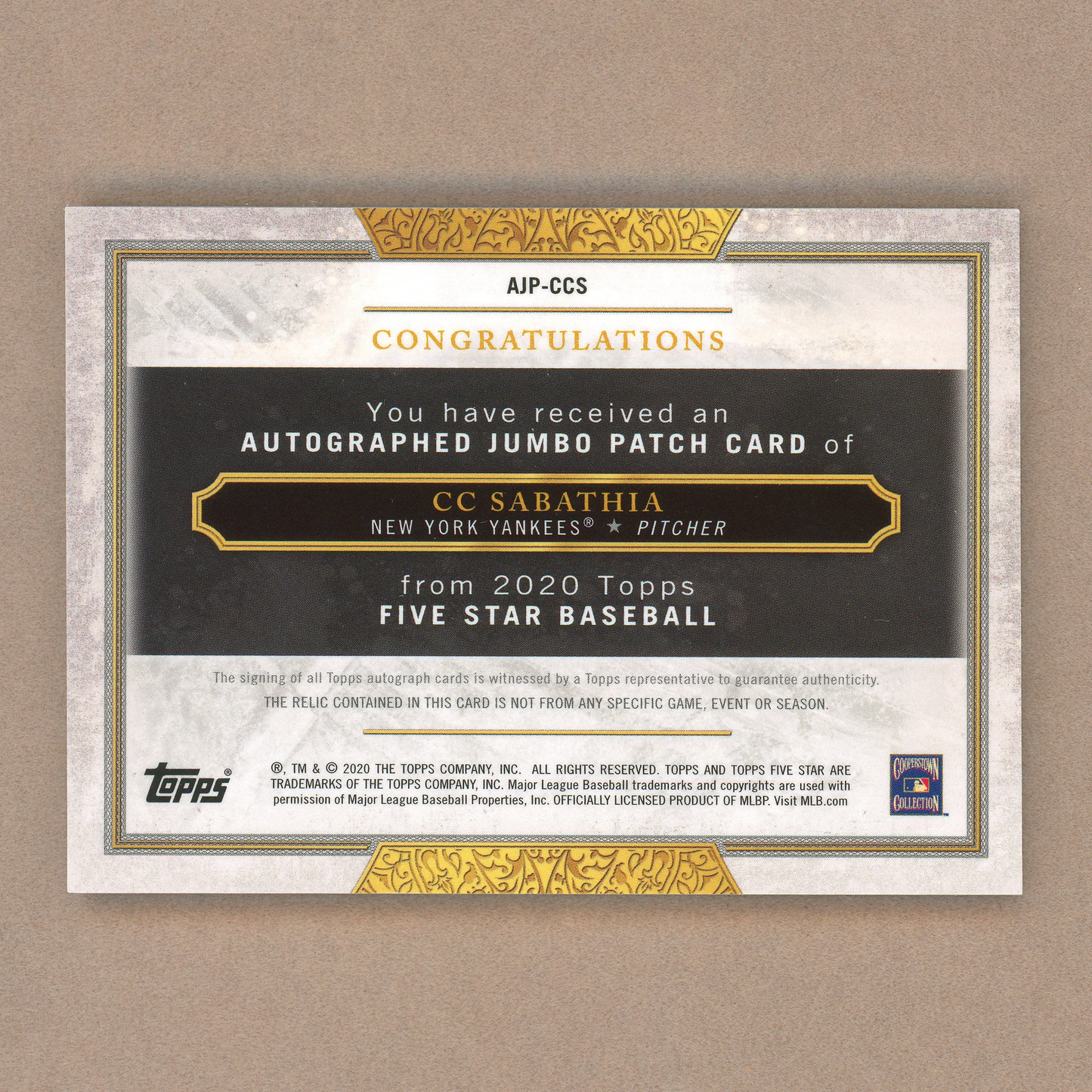 2020 Topps Five Star C.C Sabathia Autograph