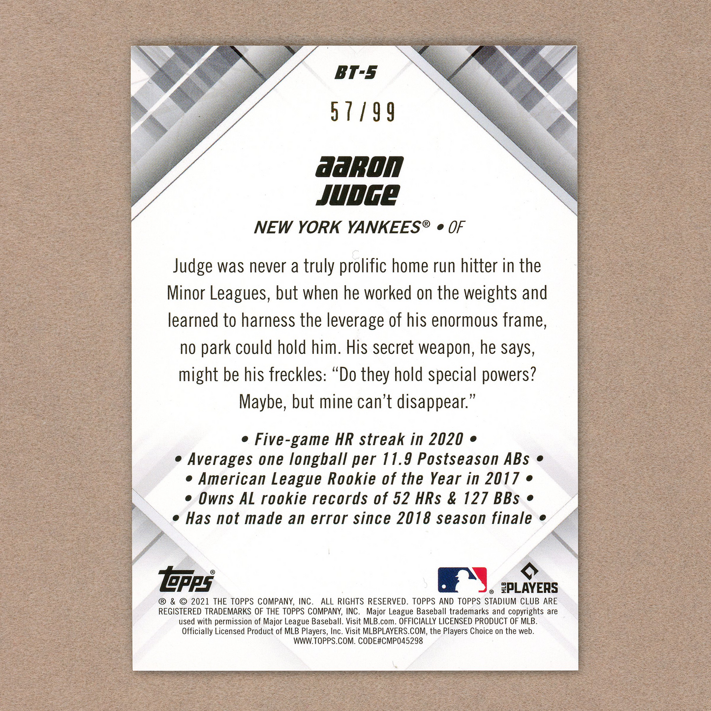2021 Topps Stadium Club Aaron Judge Beam Team (Black)