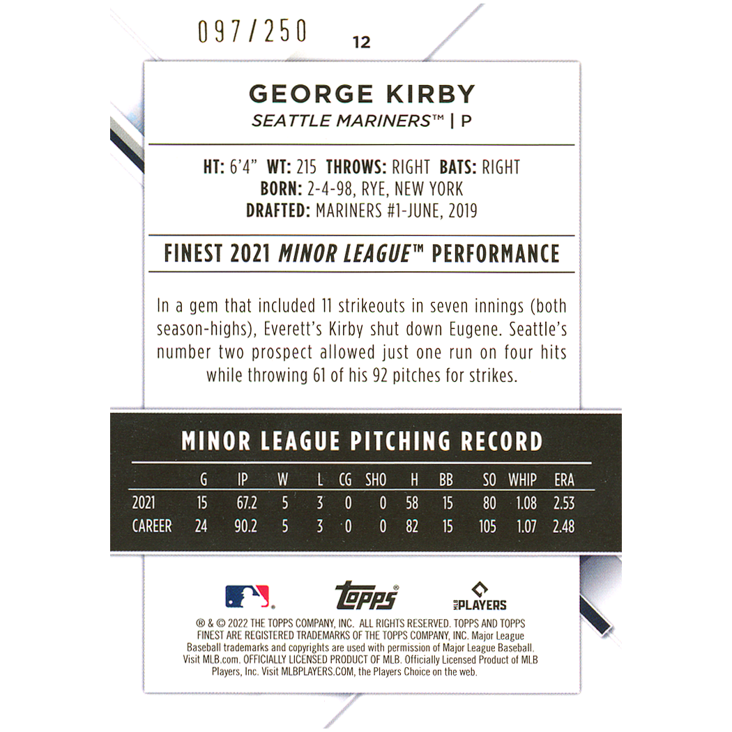 2022 Topps Finest Geoerge Kirby RC (Aqua)