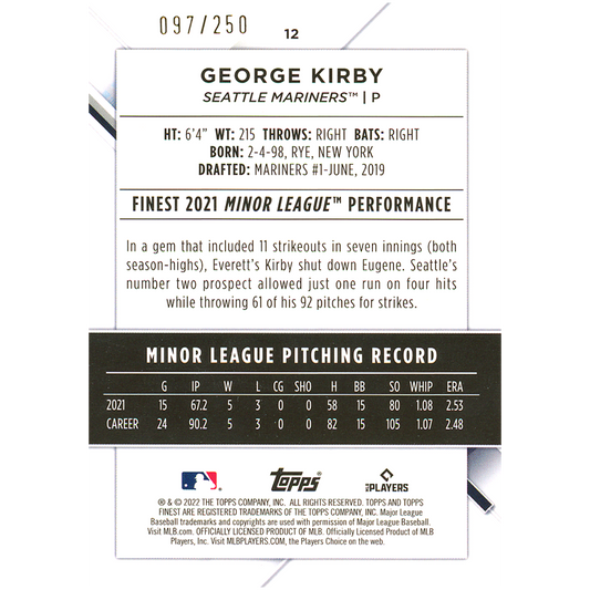 2022 Topps Finest Geoerge Kirby RC (Aqua)
