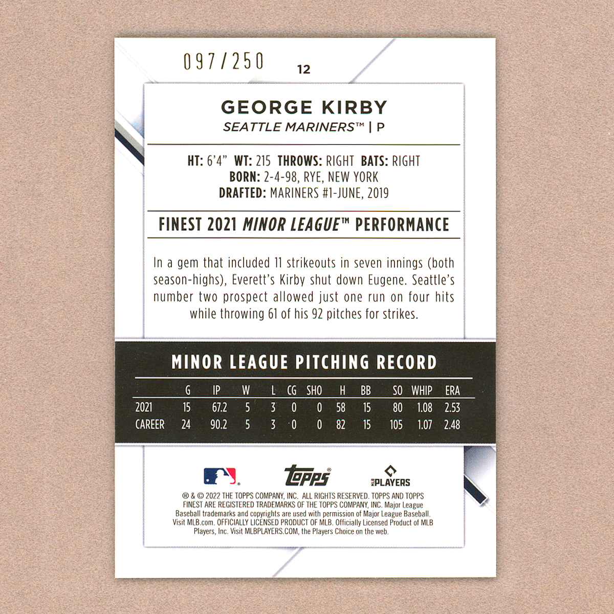 2022 Topps Finest Geoerge Kirby RC (Aqua)