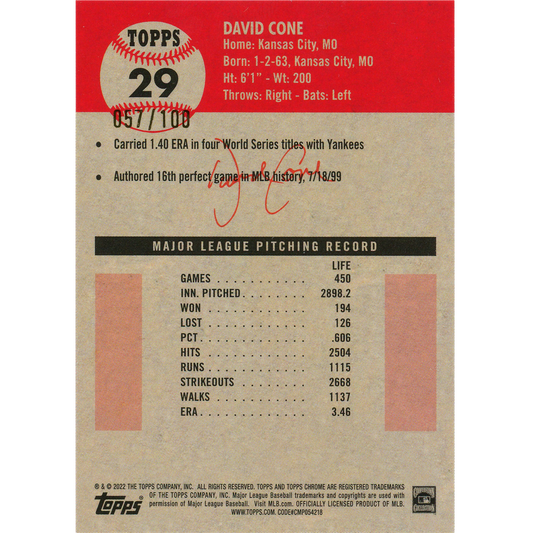 2022 Topps Chrome Platinum Anniversary David Cone (Fuchsia)