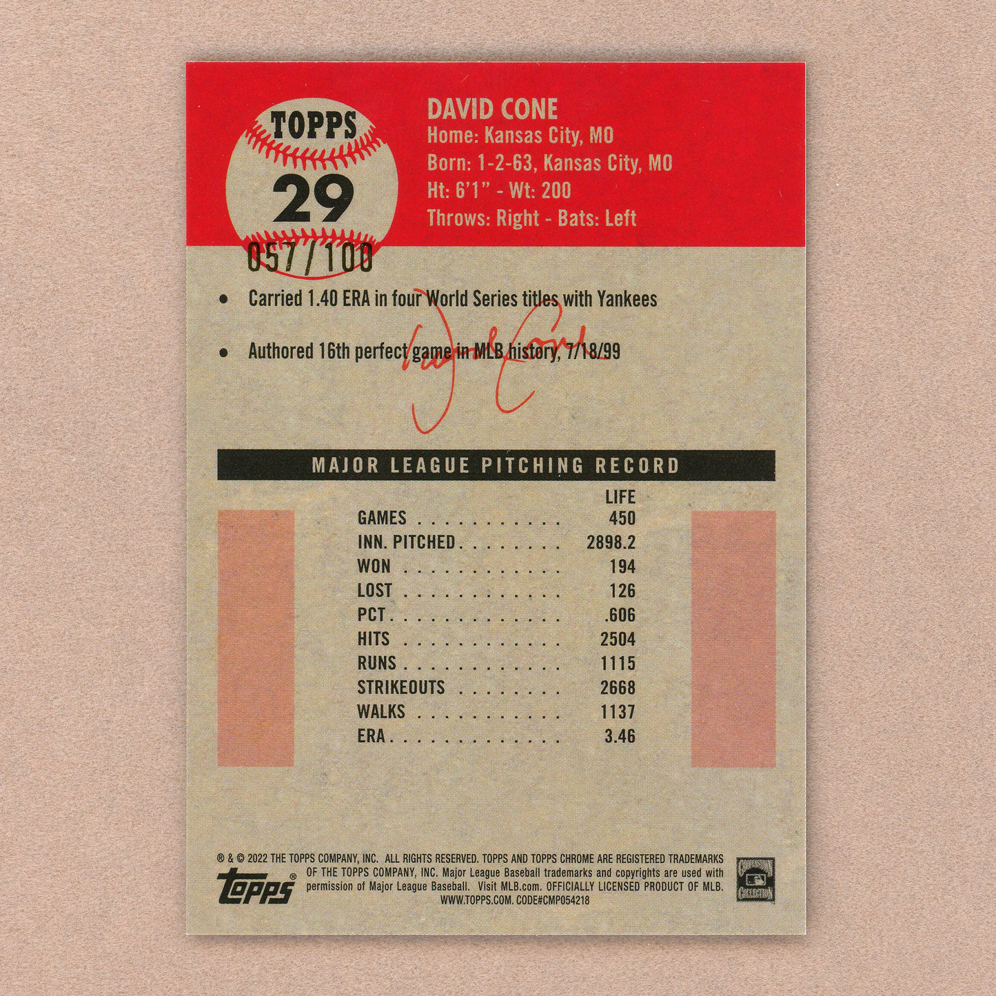 2022 Topps Chrome Platinum Anniversary David Cone (Fuchsia)