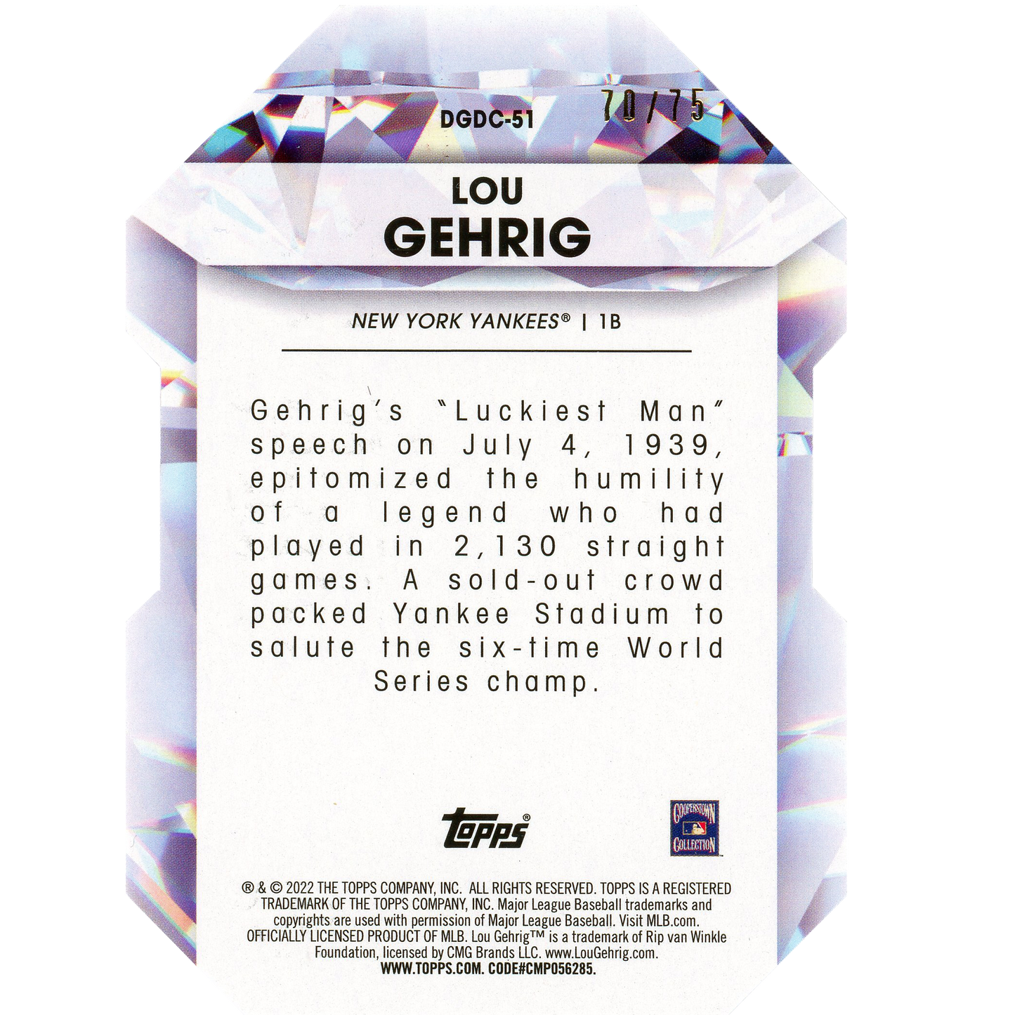 2022 Topps Series 2 Lou Gehrig Diamond Greats