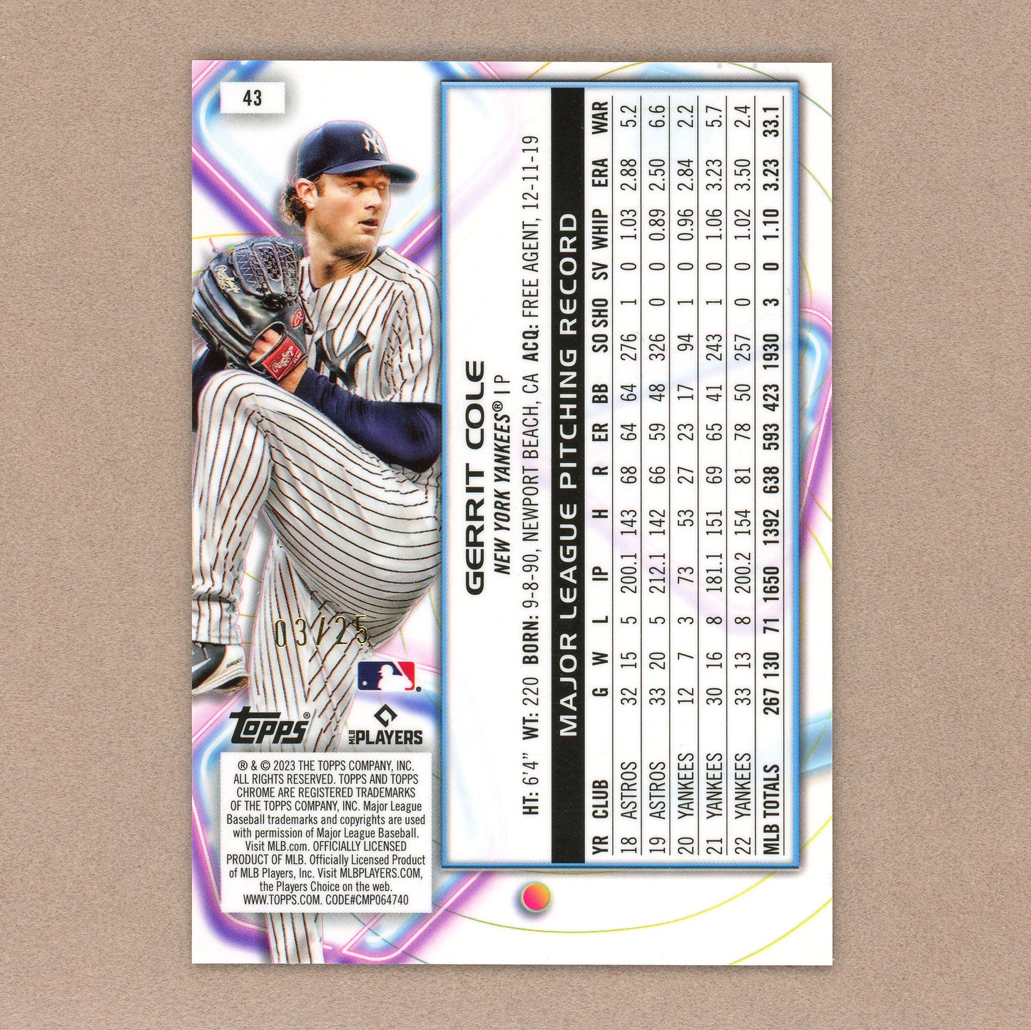 2023 Topps Cosmic Chrome Gerrit Cole (Orange Galactic)