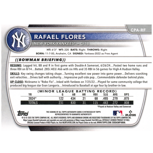 2025 Bowman Chrome Rafael Flores Autograph (Blue Checker)