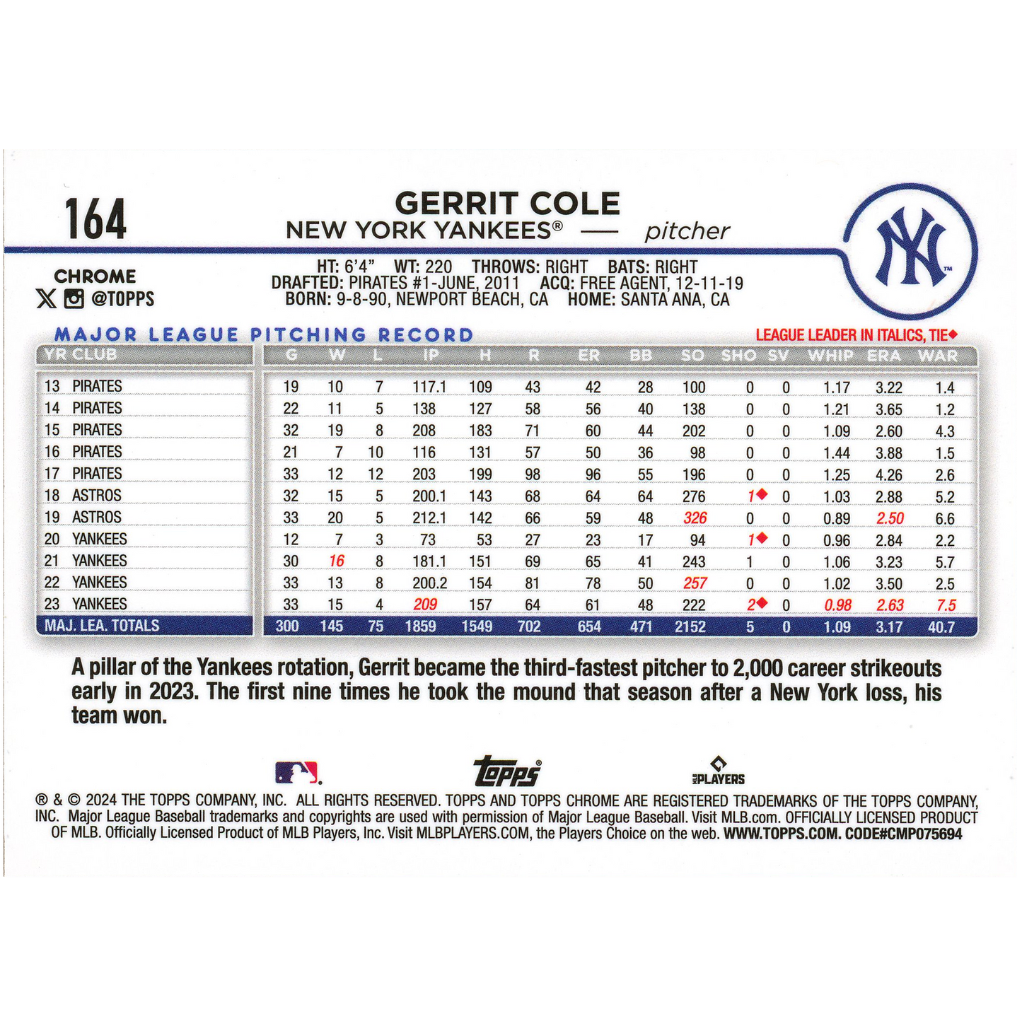 2024 Topps Chrome Gerrit Cole (Green Refractor)