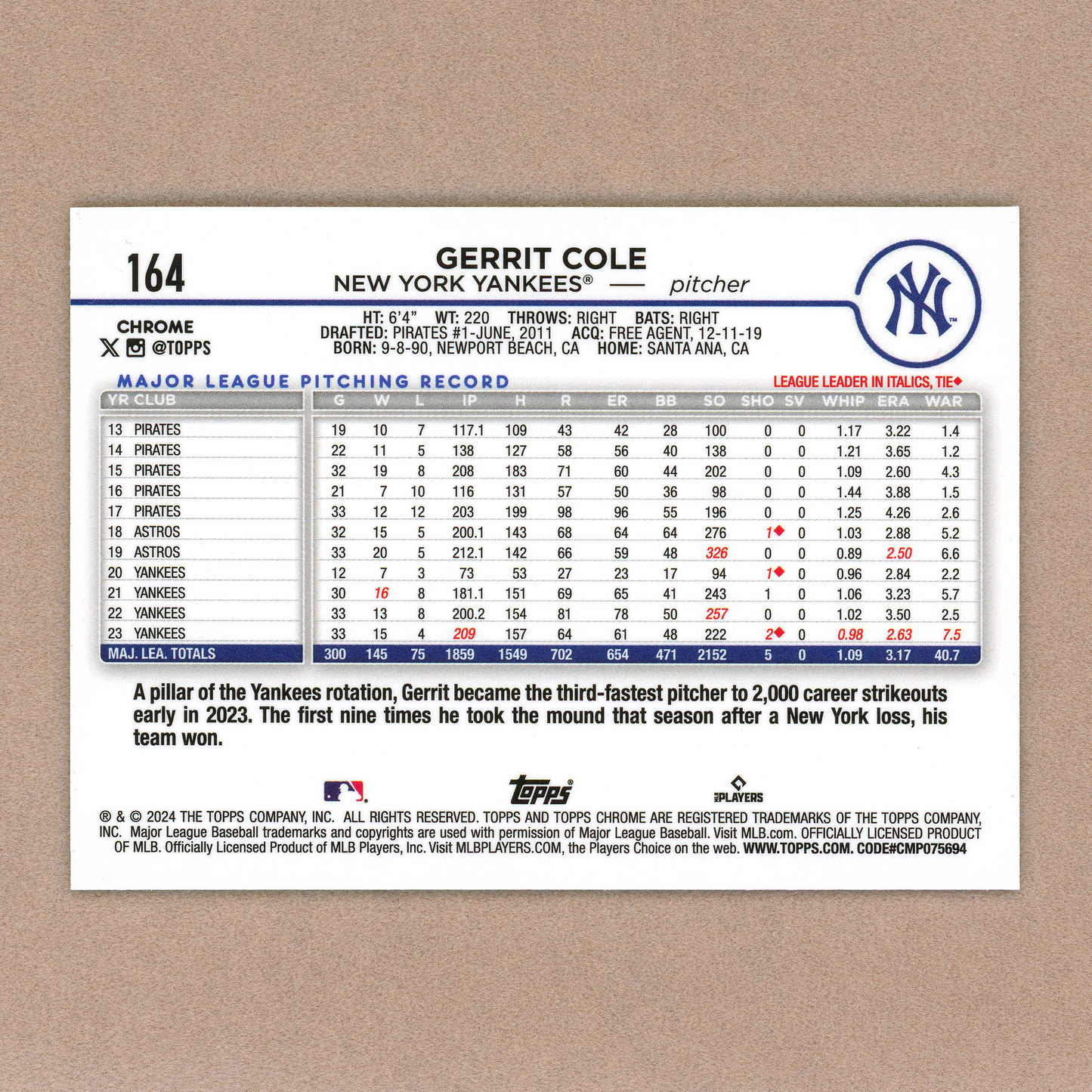 2024 Topps Chrome Gerrit Cole (Green Refractor)