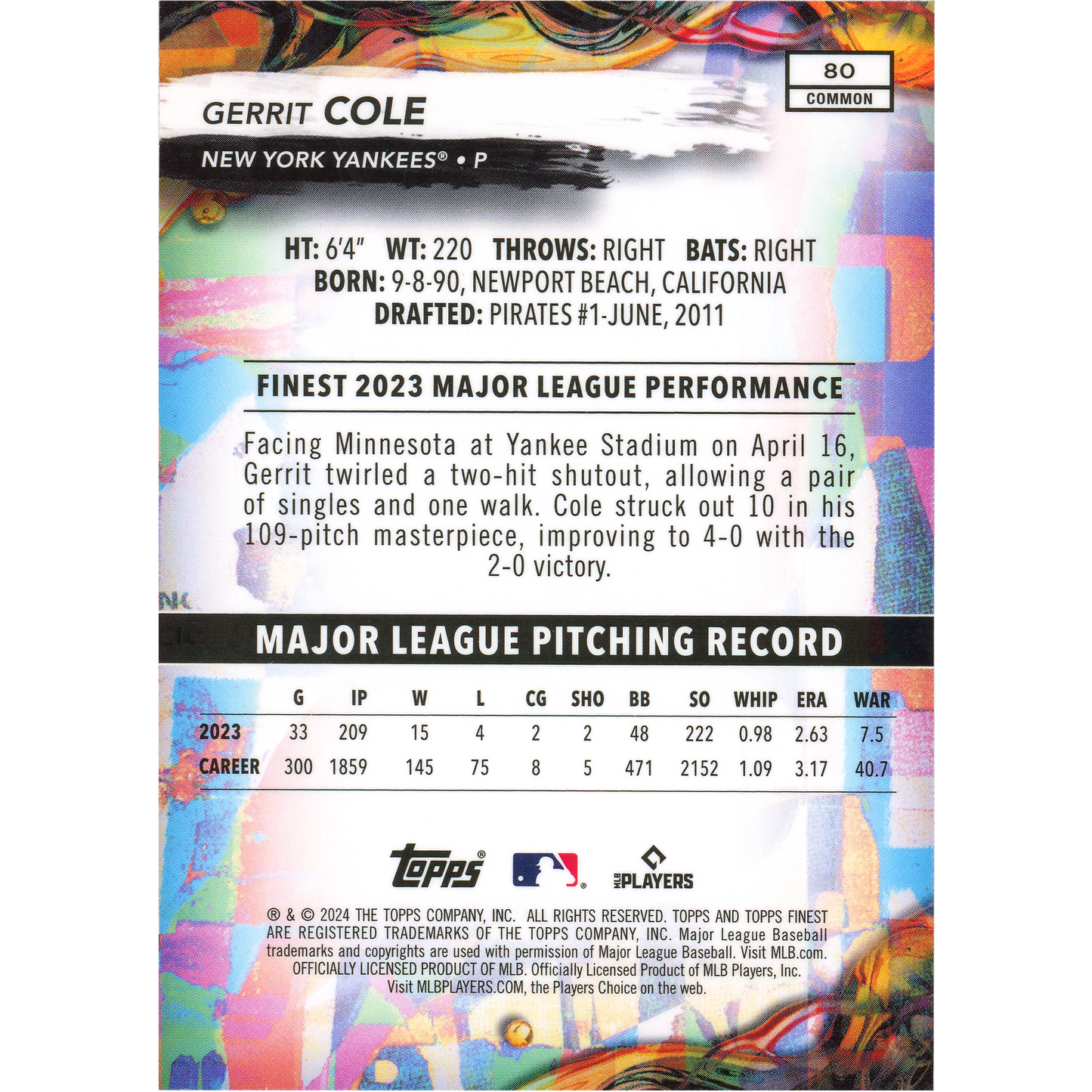 2024 Topps Finest Gerrit Cole (Common Oil Spill)