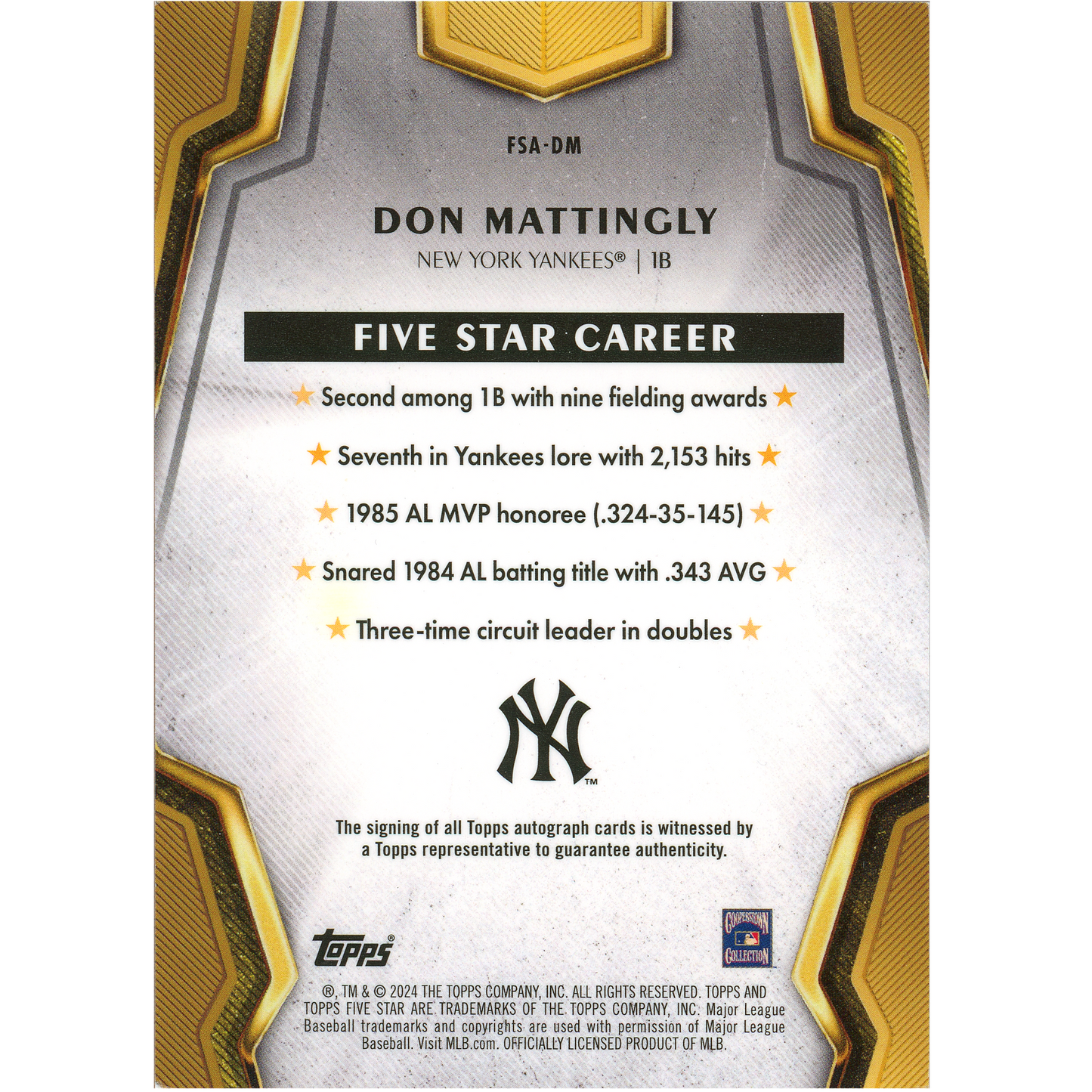 2024 Topps Five Star Don Mattingly (Gold)
