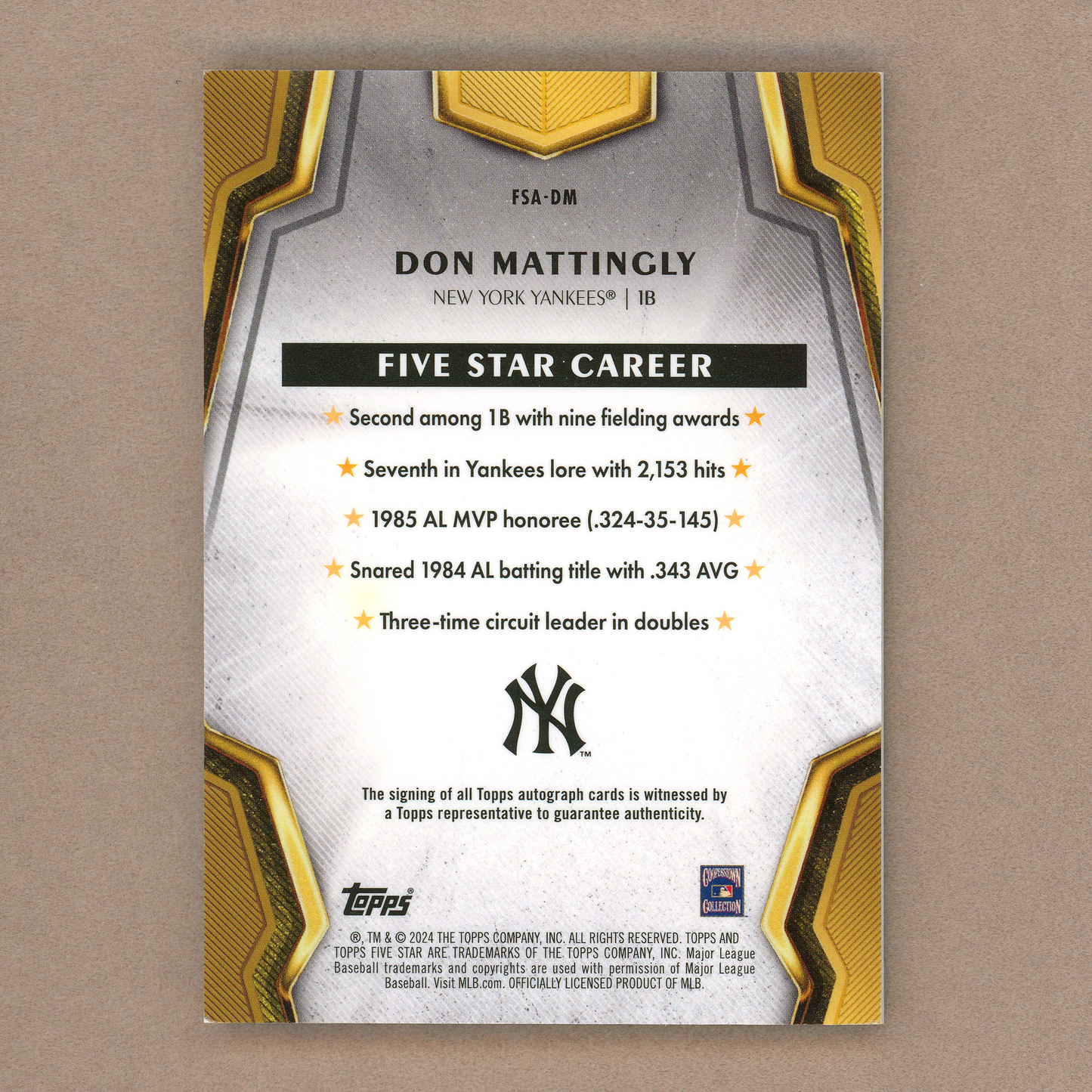 2024 Topps Five Star Don Mattingly (Gold)