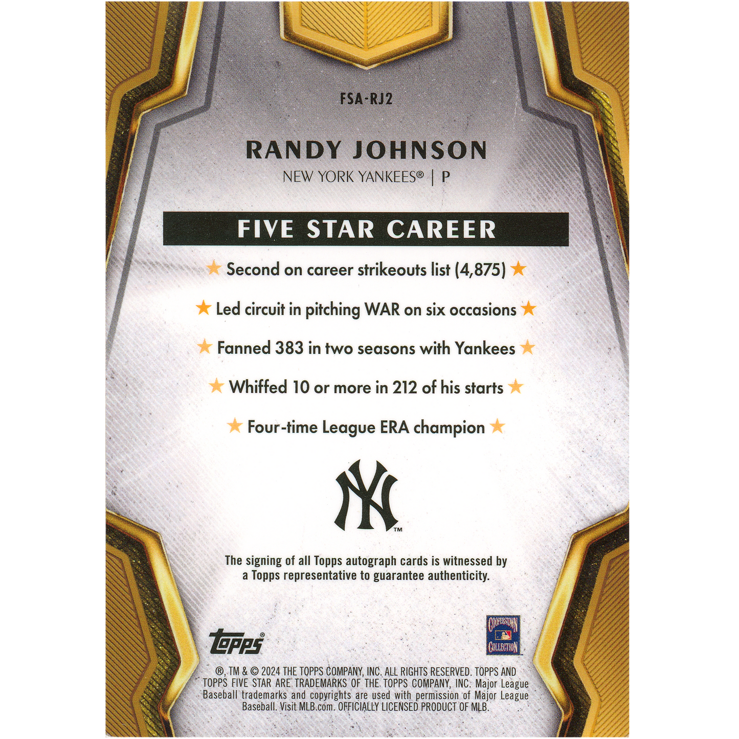 2024 Topps Five Star Randy Johnson Autograph (Blue)