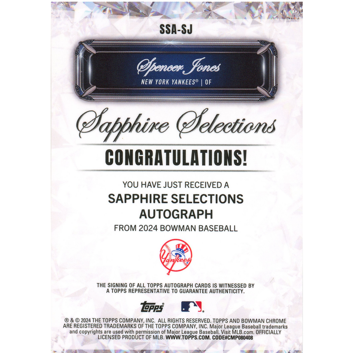 2024 Bowman Chrome Sapphire Spencer Jones Sapphire Selections Auto (Orange)