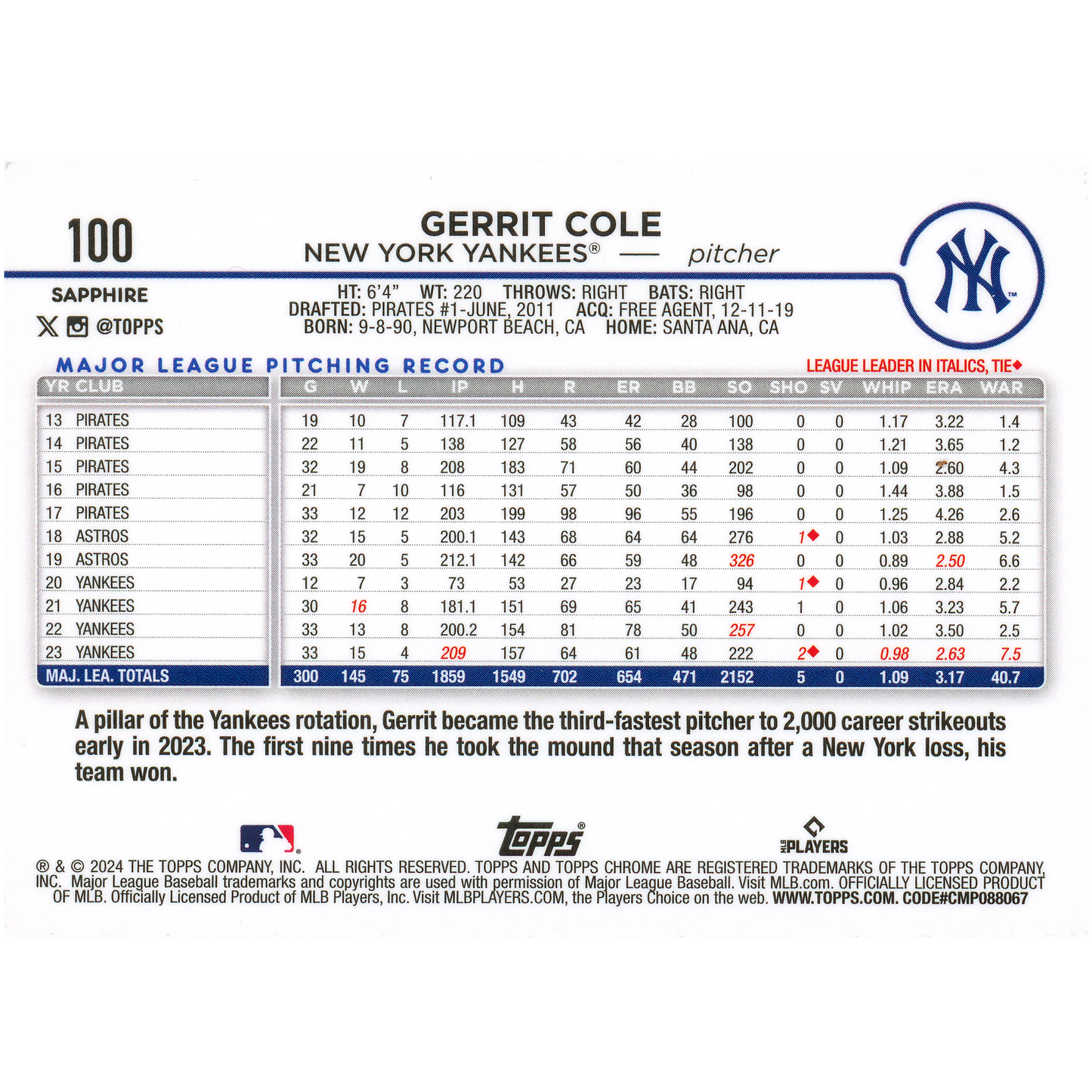 2024 Topps Chrome Sapphire Gerrit Cole