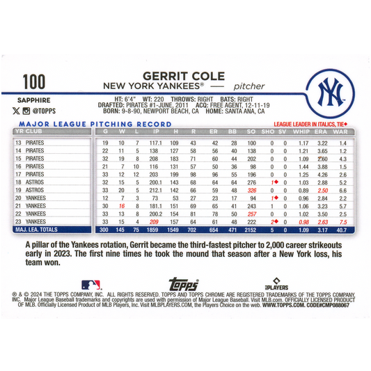 2024 Topps Chrome Sapphire Gerrit Cole