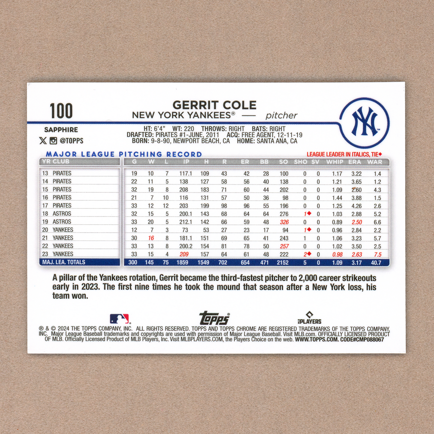 2024 Topps Chrome Sapphire Gerrit Cole