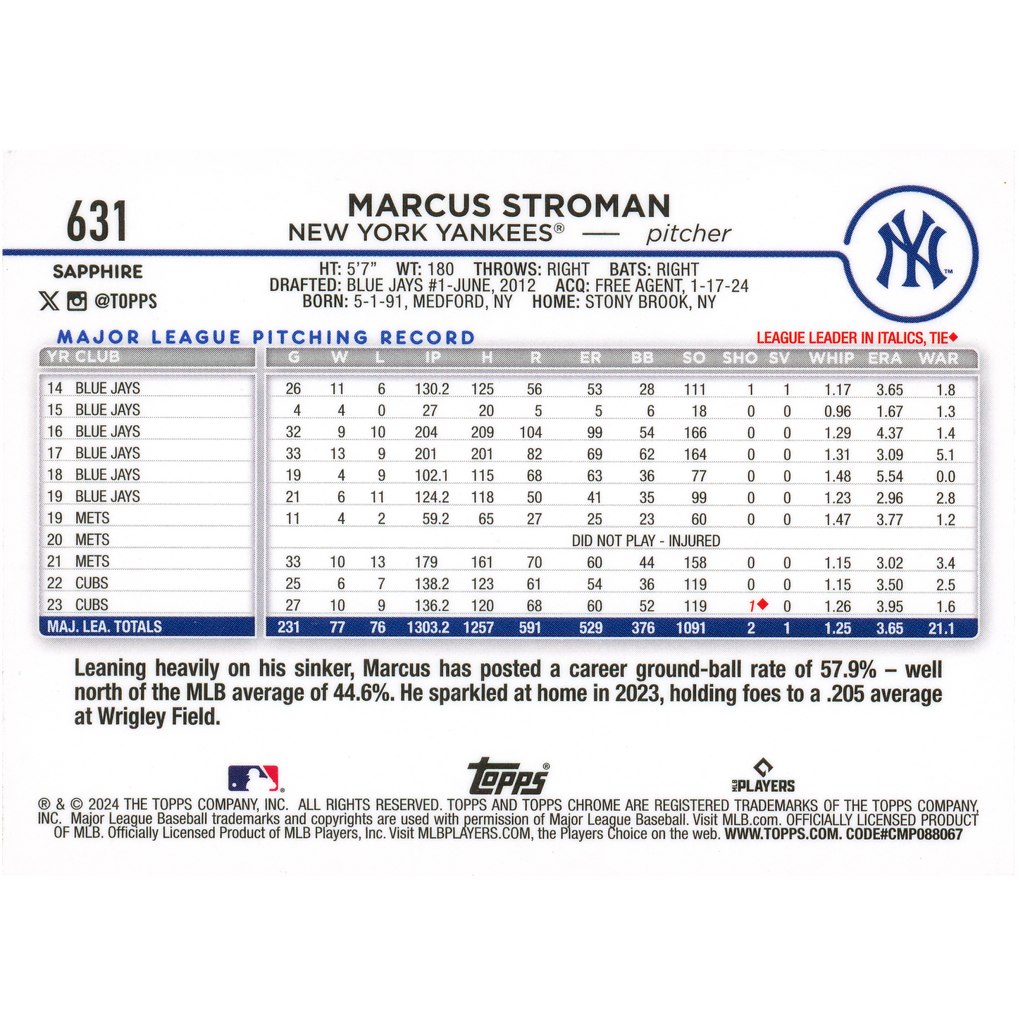 2024 Topps Chrome Sapphire Marcus Stroman