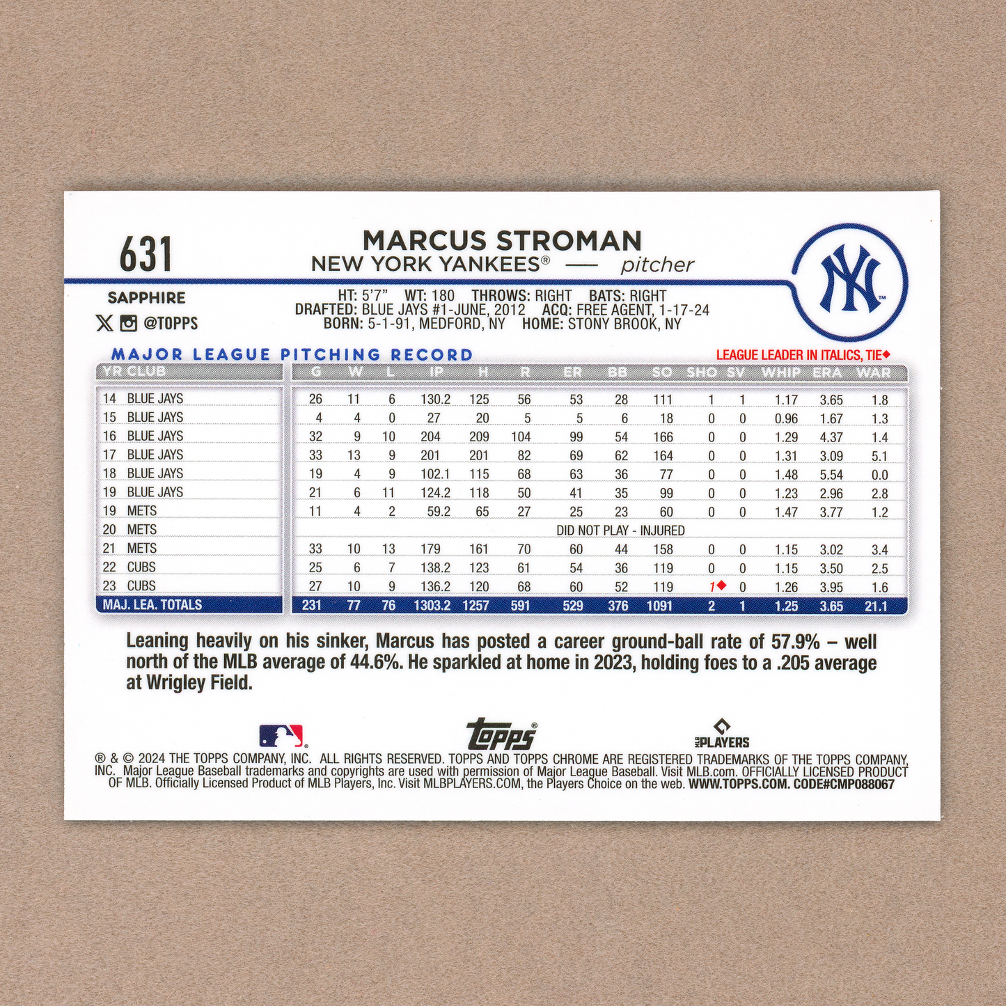 2024 Topps Chrome Sapphire Marcus Stroman