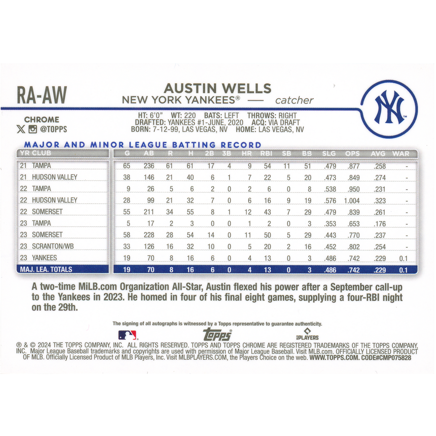 2024 Topps Chrome Austin Wells Autograph (Rookie Card)