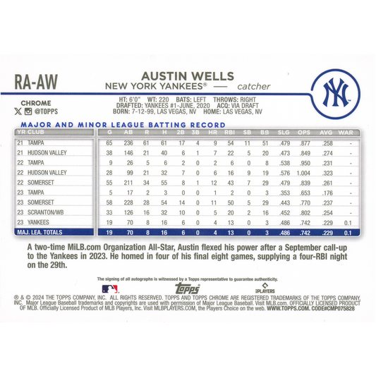 2024 Topps Chrome Austin Wells Autograph (Rookie Card)