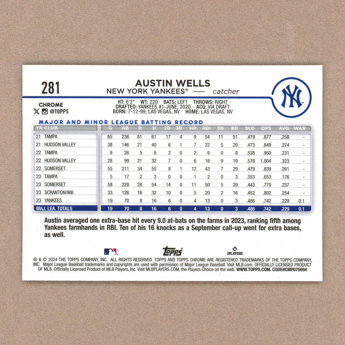 2024 Topps Chrome Austin Wells (Rookie Card)