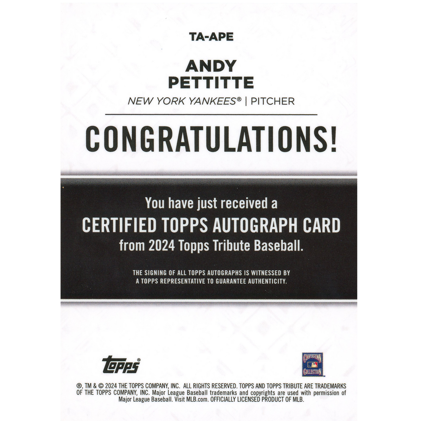 2024 Topps Tribute Andy Pettitte Autograph (Purple)
