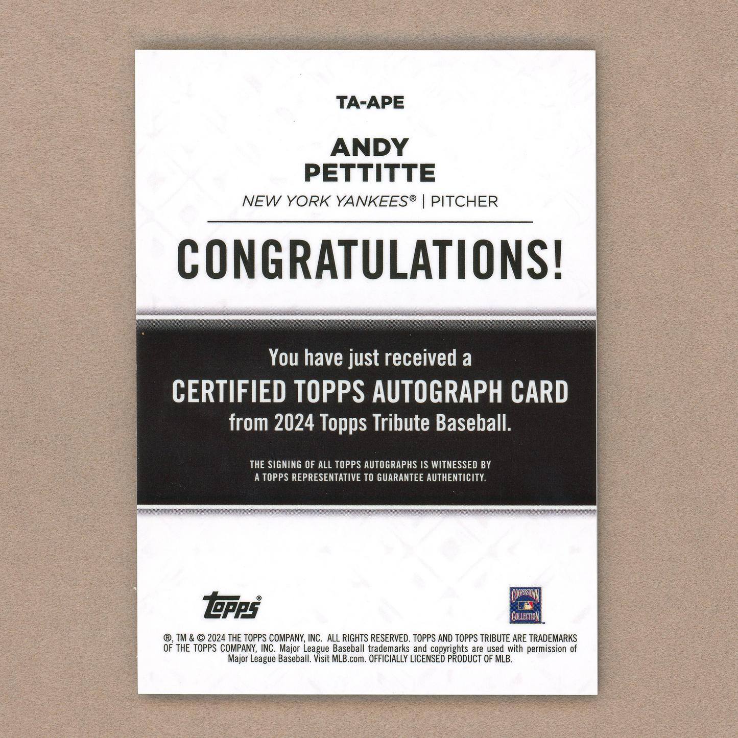 2024 Topps Tribute Andy Pettitte Autograph (Purple)
