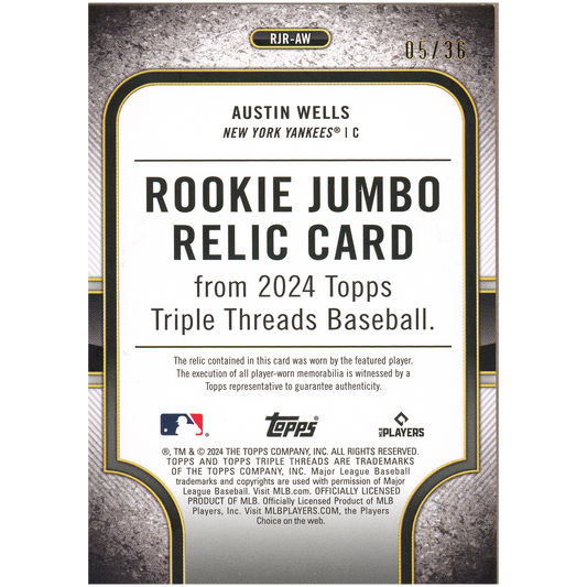 2024 Topps Triple Threads Austin Wells Rookie Jumbo Relic RC (Amethyst)