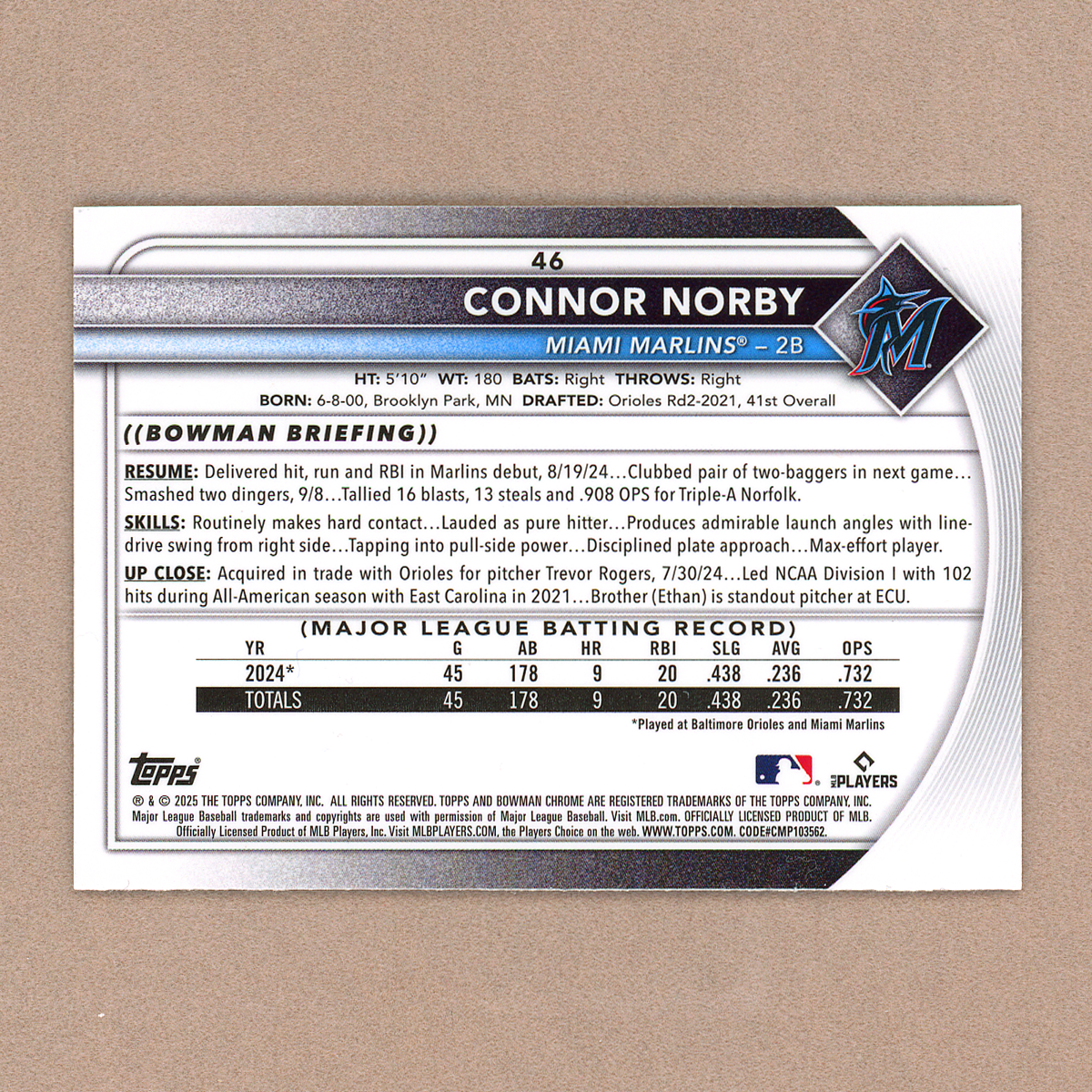 2025 Bowman Chrome Connor Norby RC (Mojo)
