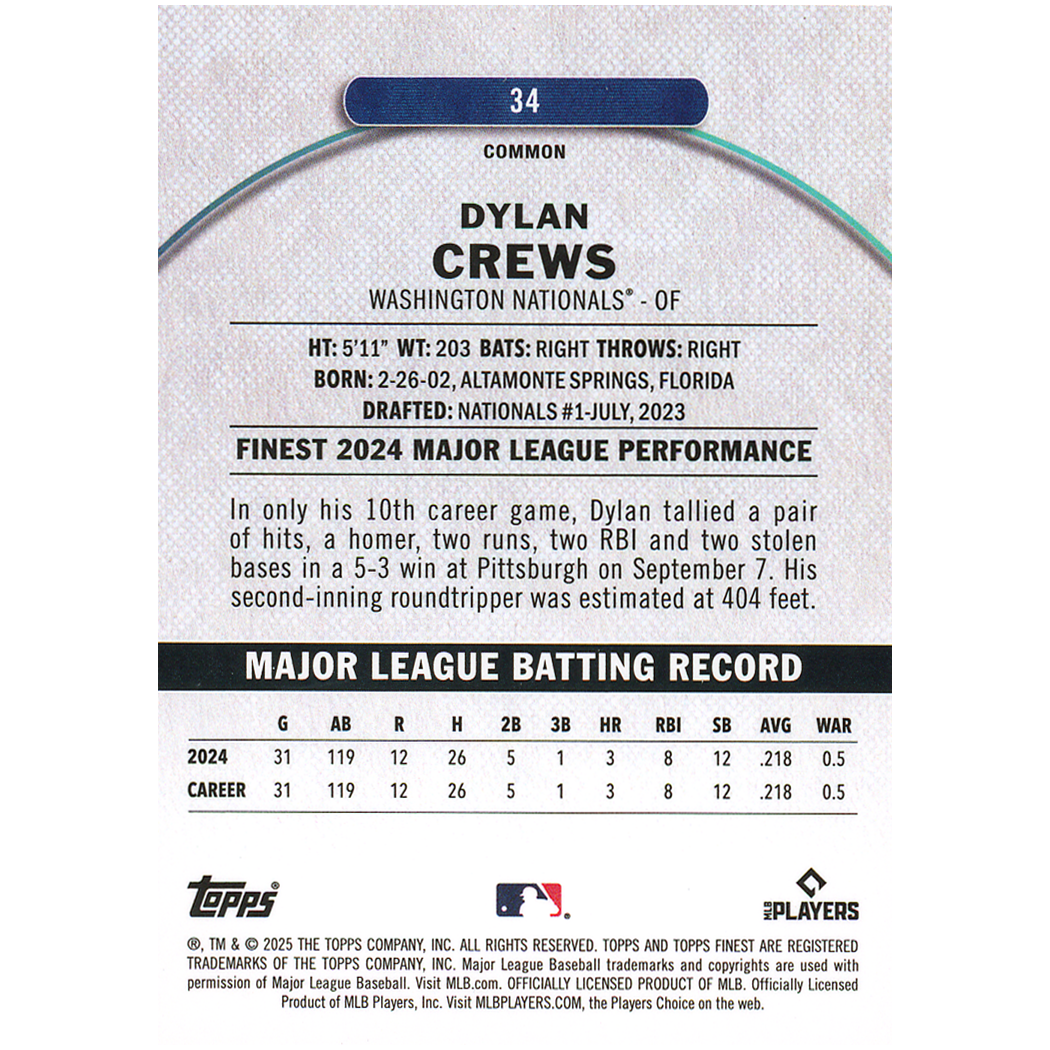2025 Topps Finest Dylan Crews Common RC