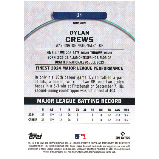 2025 Topps Finest Dylan Crews Common RC