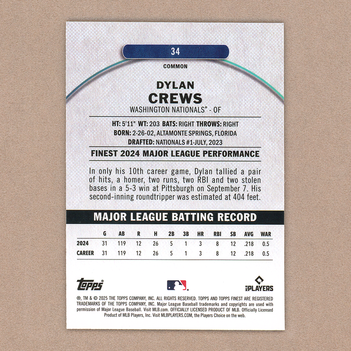2025 Topps Finest Dylan Crews Common RC